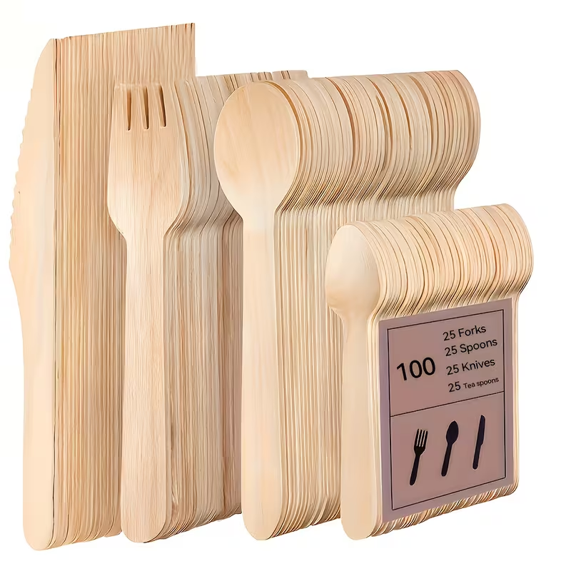 [Christmas Halloween] 100/200Pcs Disposable Knife Fork Spoon Set, Premium Birch Material, 50Pcs Knives 50Pcs Forks 50Pcs Spoons 50Pcs Dessert Spoons Combined Set Suitable For Christmas Halloween